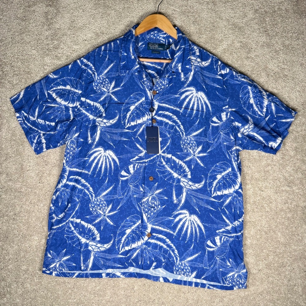 Polo Ralph Lauren Mens XL Blue Tropical Pineapple Palm Leaf Hawaiian Shirt NWT